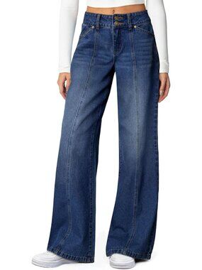 Women's Deep BlueHigh Waisted Stretchy Jean Seamed Front Double Buttons Wide Leg